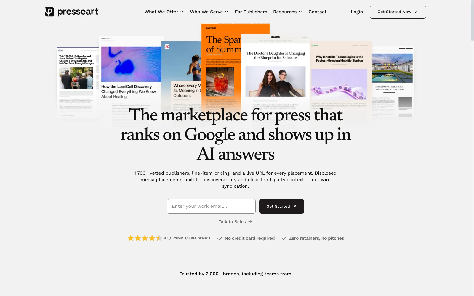 Presscart homepage showing its media placement marketplace and published article examples