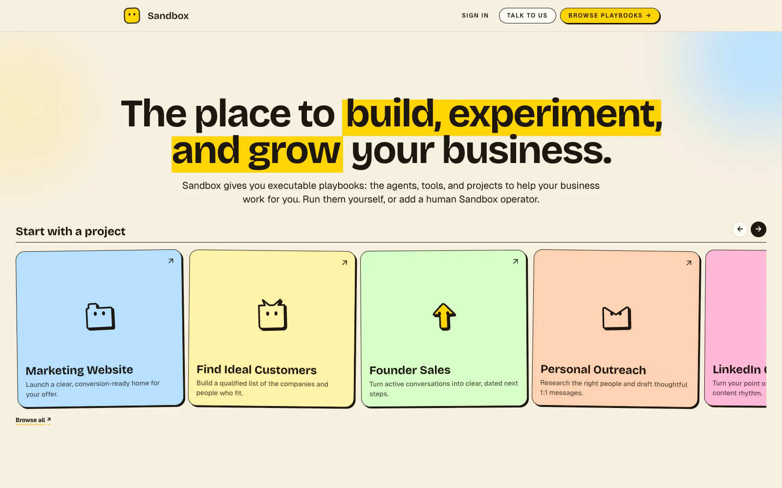 Sandbox homepage showing its executable playbooks for building and growing a business