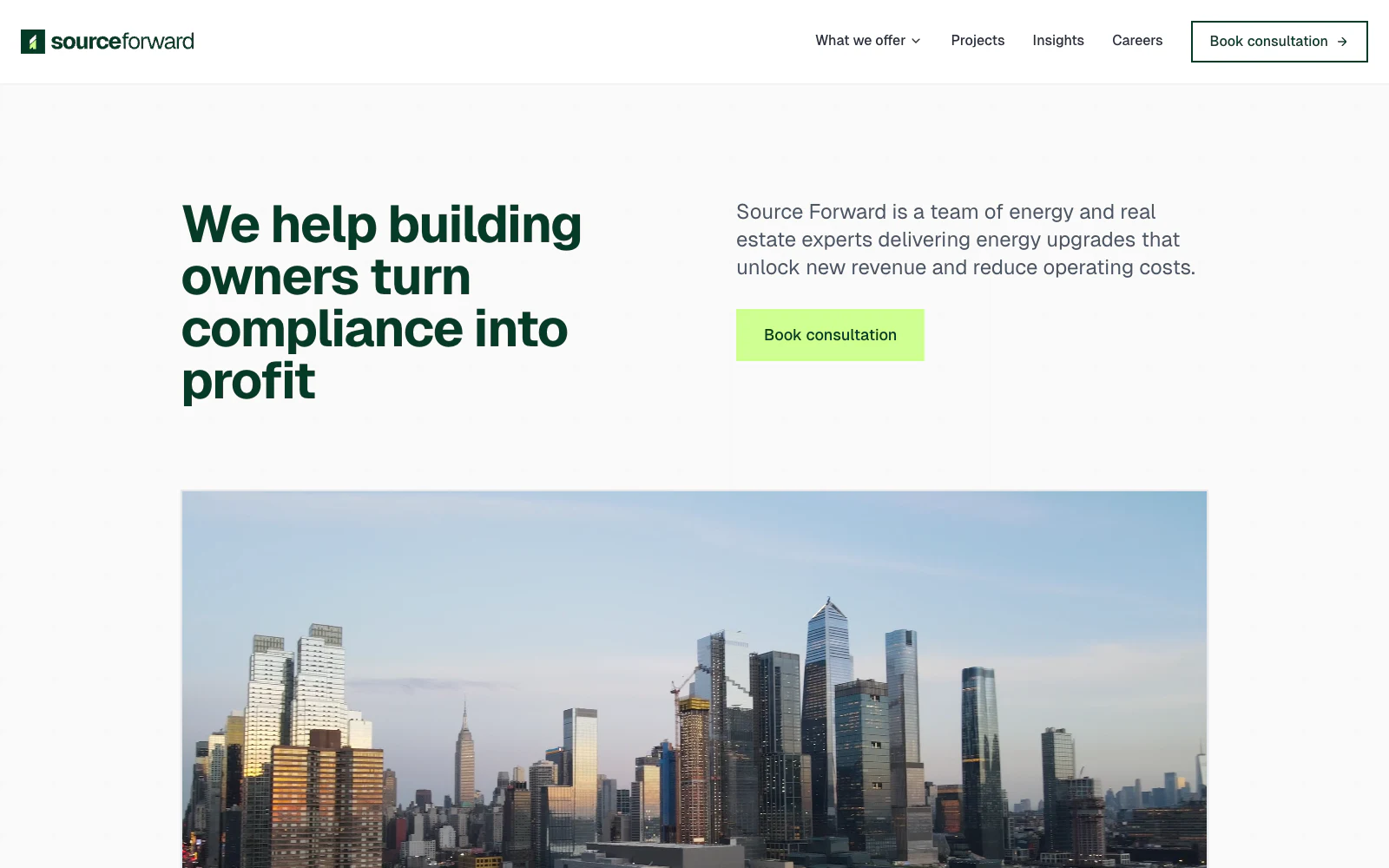 Source Forward homepage describing its building compliance and energy upgrade work