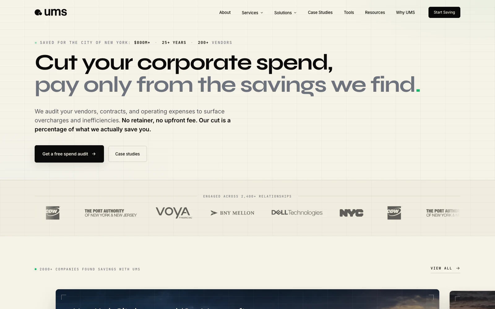 UMS homepage describing its performance-based corporate spend optimization services